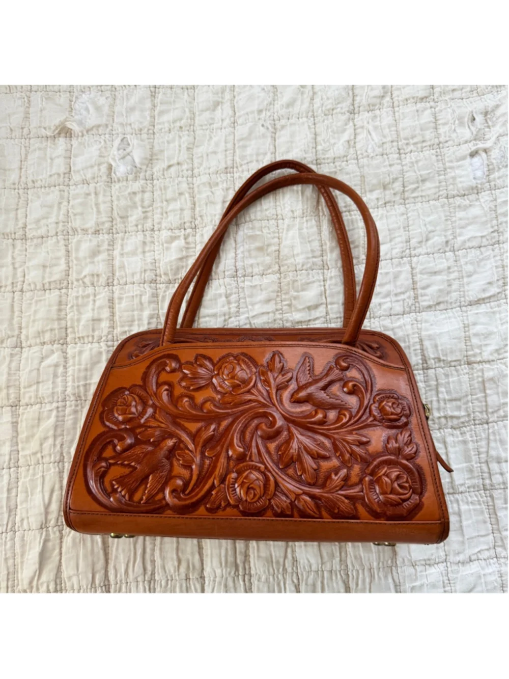 Hand Tooled Leather Purse From Mexico • Intricate Rose and Bird Designs